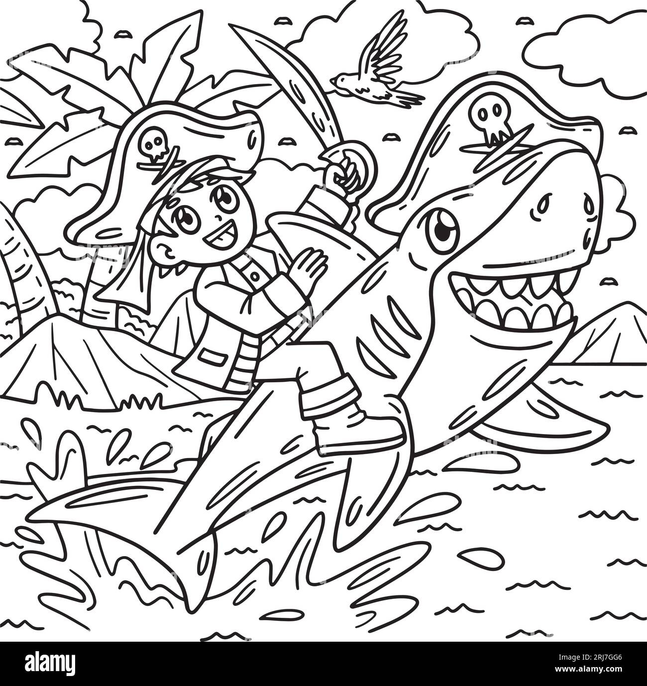 Pirate And Shark Coloring Page For Kids Stock Vector Image Art Alamy