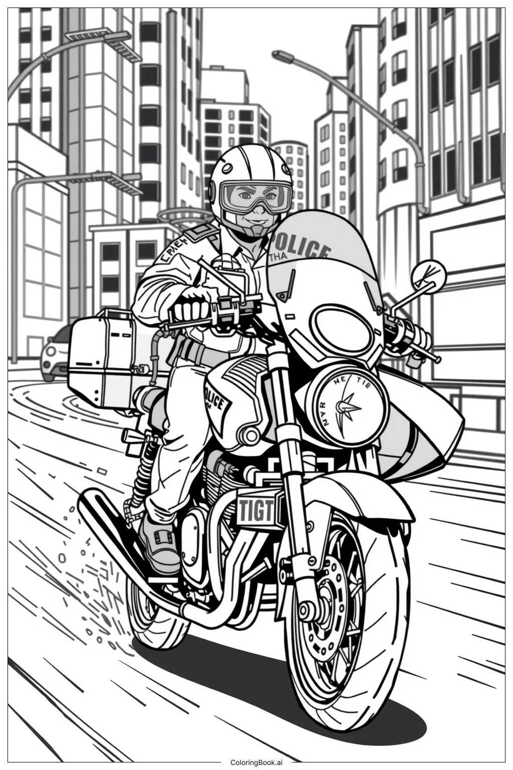 Police Motorcycle In A Chase Coloring Page Free PDF PNG Printable 