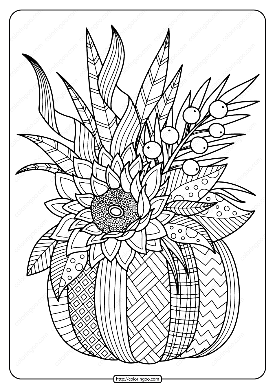 Printable Fall Pumpkin With Flower Coloring Page