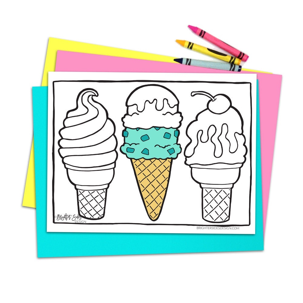 Printable Ice Cream Coloring Page Cute Kawaii Food Treat 