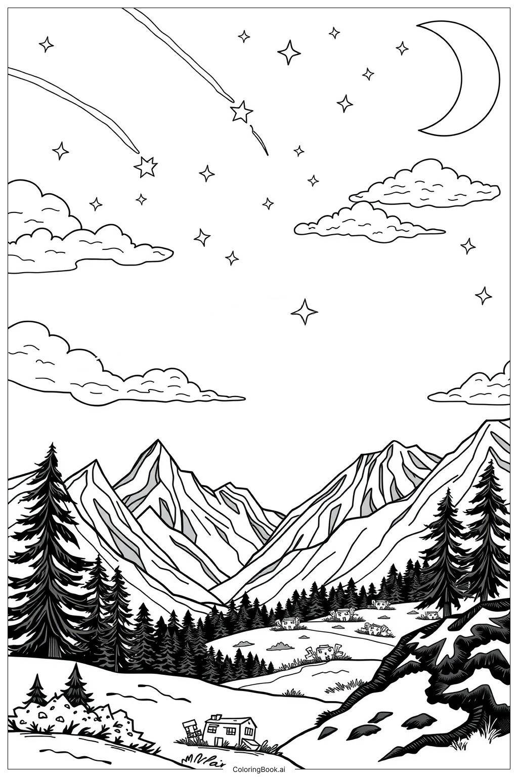 Shooting Star Over A Magical Landscape Coloring Page Free PDFu0026PNG Printable 