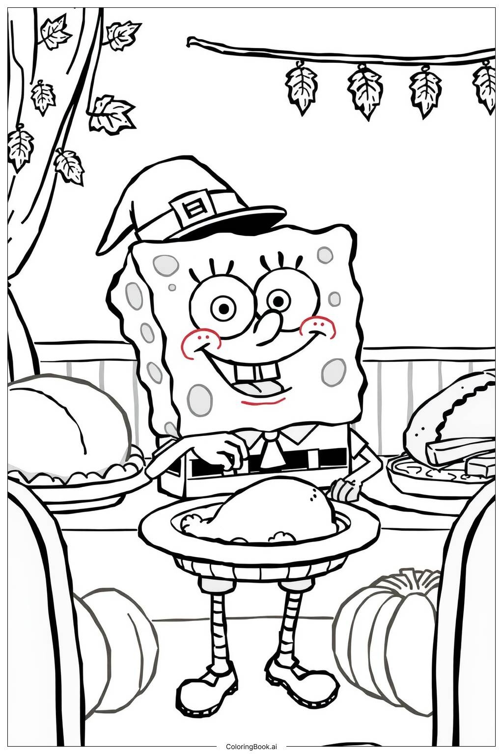 Spongebob Thanksgiving Feast Coloring Page Free PDF PNG Printable 