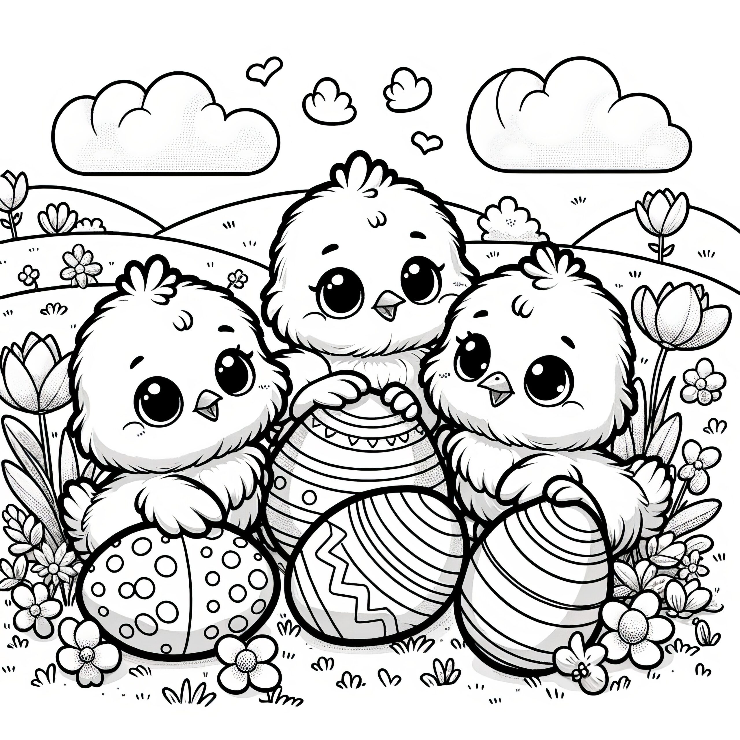 Three Cute Easter Chicks With Easter Eggs Coloring Page Free For 