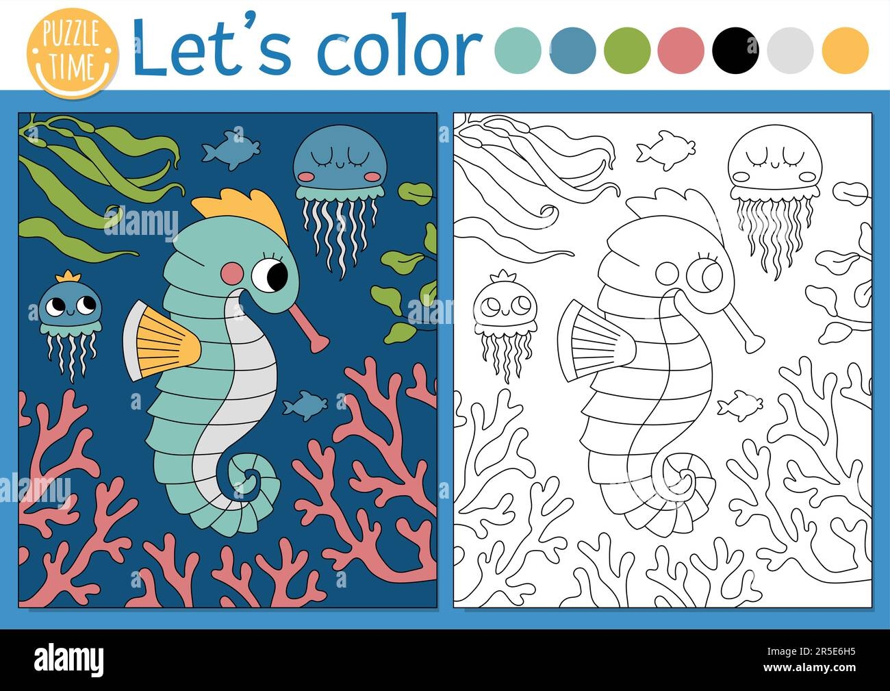 Under The Sea Coloring Page For Children With Seahorse Underwater Scene Vector Ocean Life Outline Illustration Color Book For Kids With Colored Exam Stock Vector Image Art Alamy
